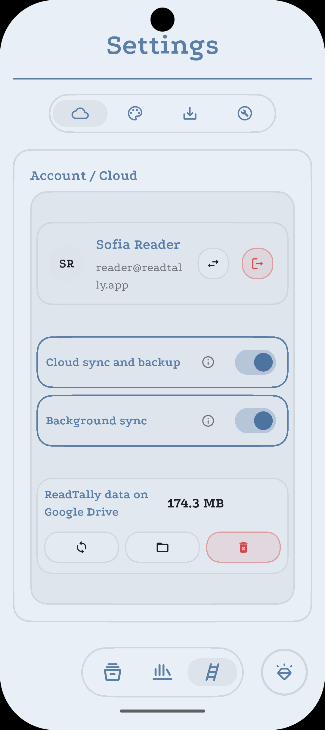 ReadTally cloud sync settings